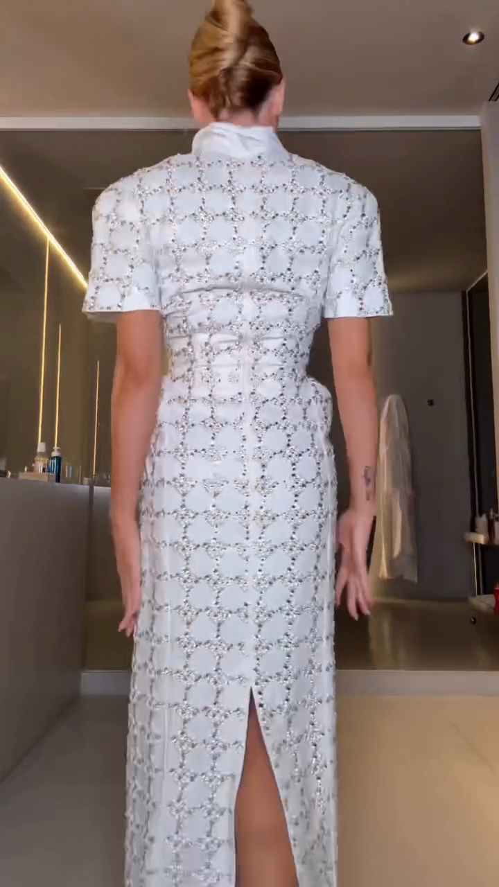 White Lace Midi Dress with Shirt Collar-ROVOLE