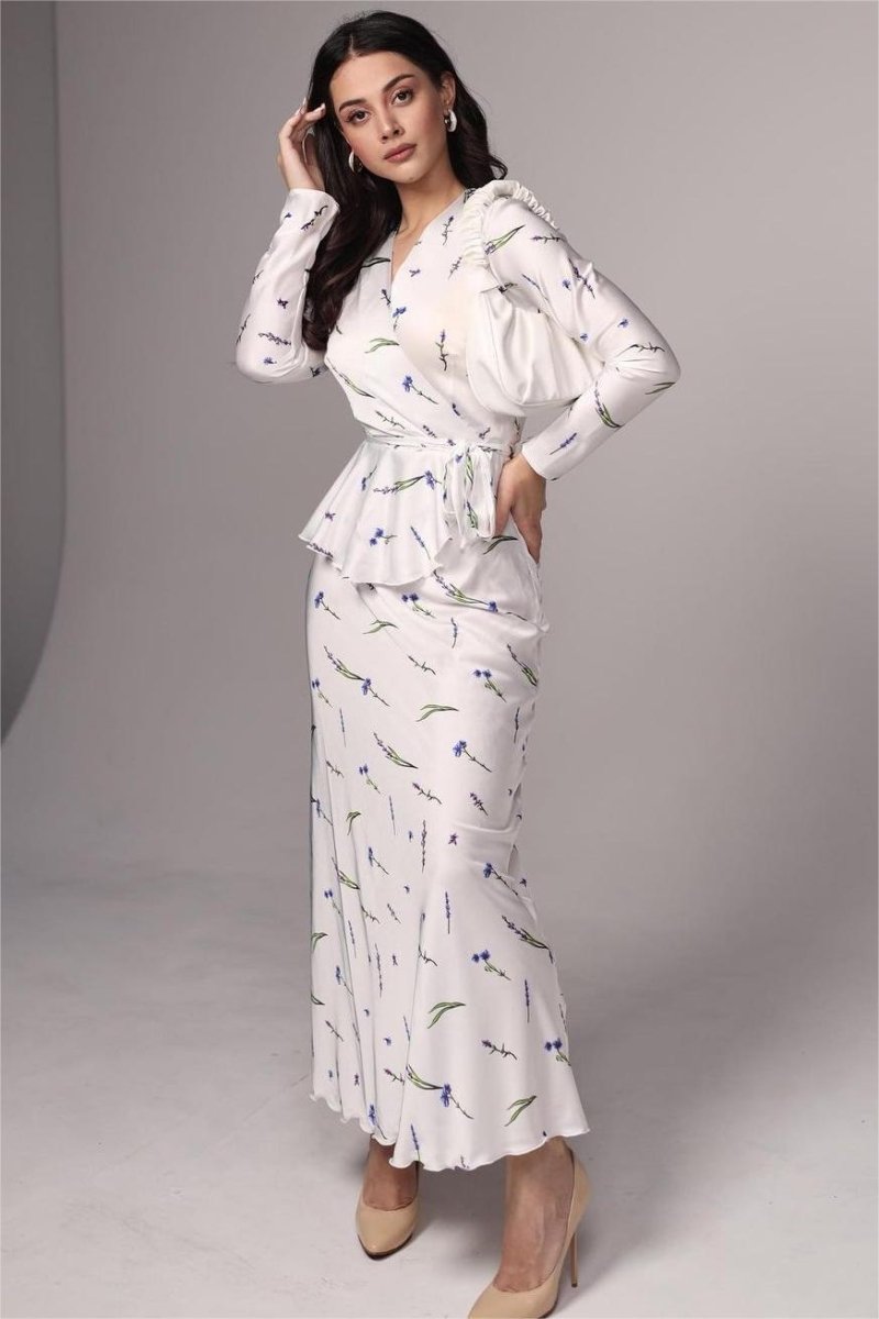 Eileen Floral Wrap Lace-Up Blouse & Maxi Skirt Set-ROVOLE