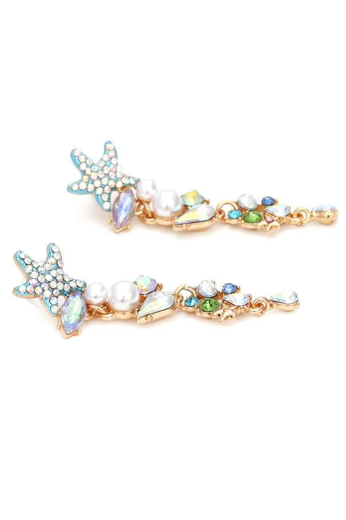 Enamel Crystal Pearl Starfish Drop Earrings-ROVOLE