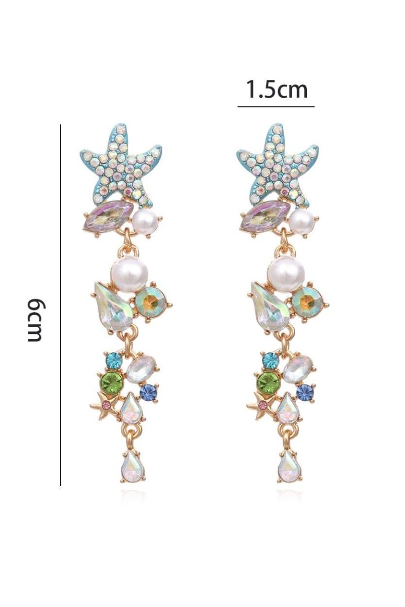 Enamel Crystal Pearl Starfish Drop Earrings-ROVOLE