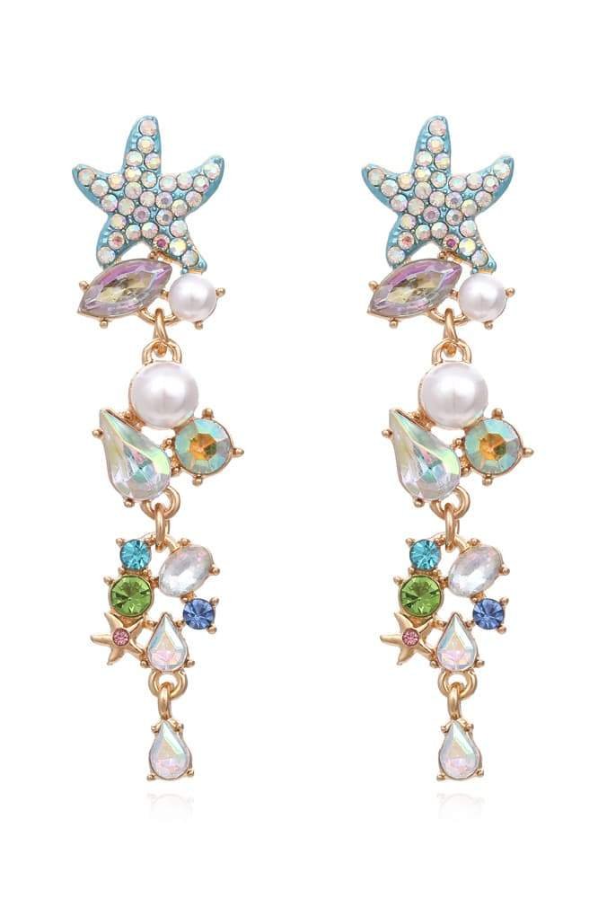 Enamel Crystal Pearl Starfish Drop Earrings-ROVOLE