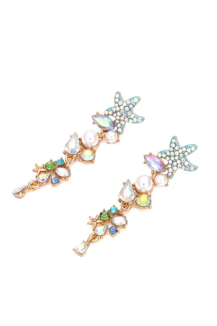 Enamel Crystal Pearl Starfish Drop Earrings-ROVOLE