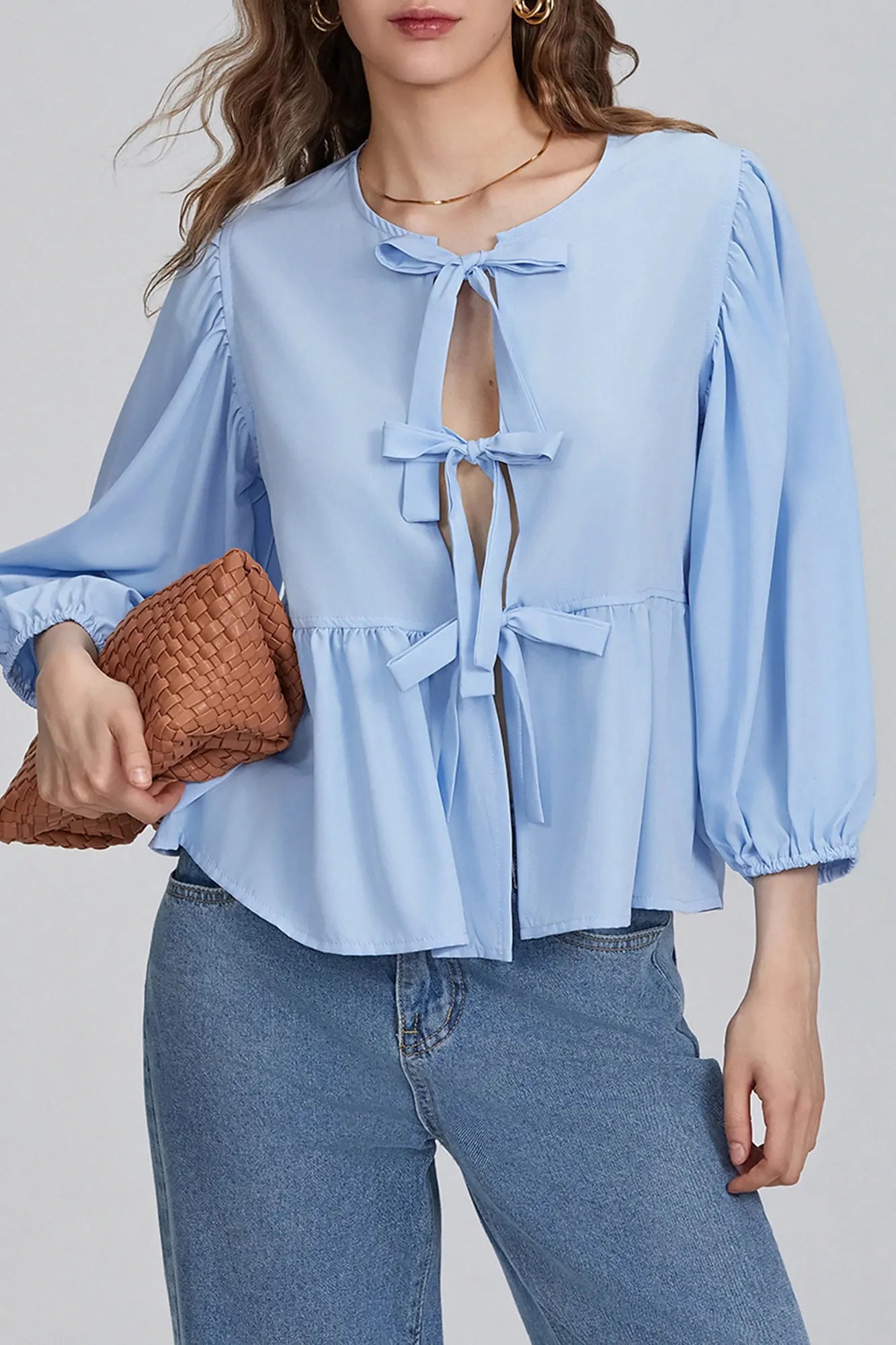 Puff Sleeve Peplum Bow Ties Blouse Top-ROVOLE