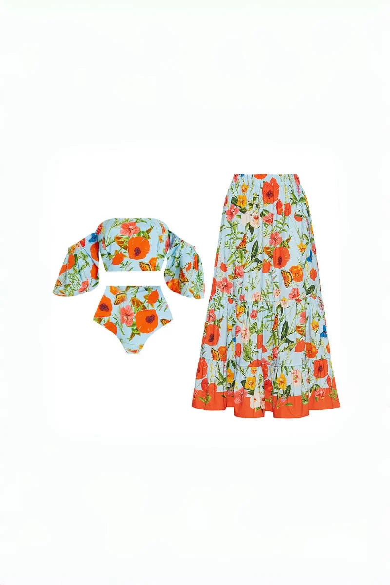 Floral Puff Sleeve High-Waist Bikini Set-ROVOLE