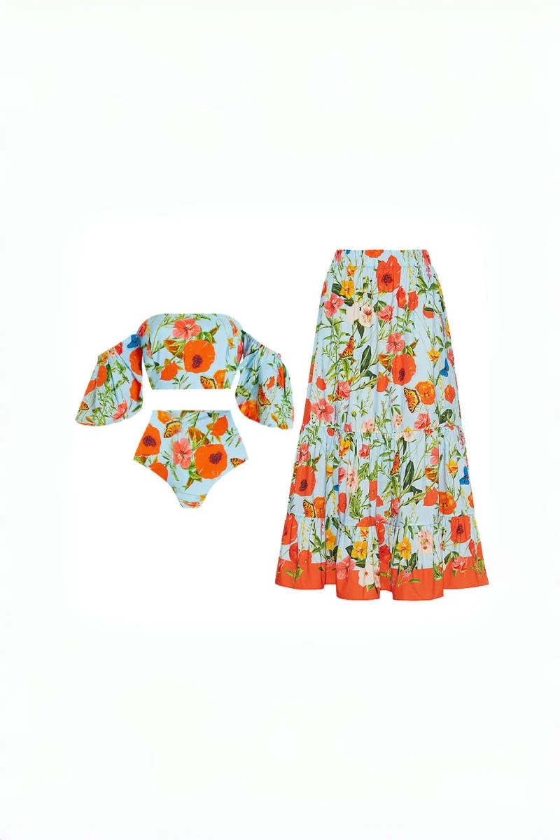 Floral Puff Sleeve High-Waist Bikini Set-ROVOLE
