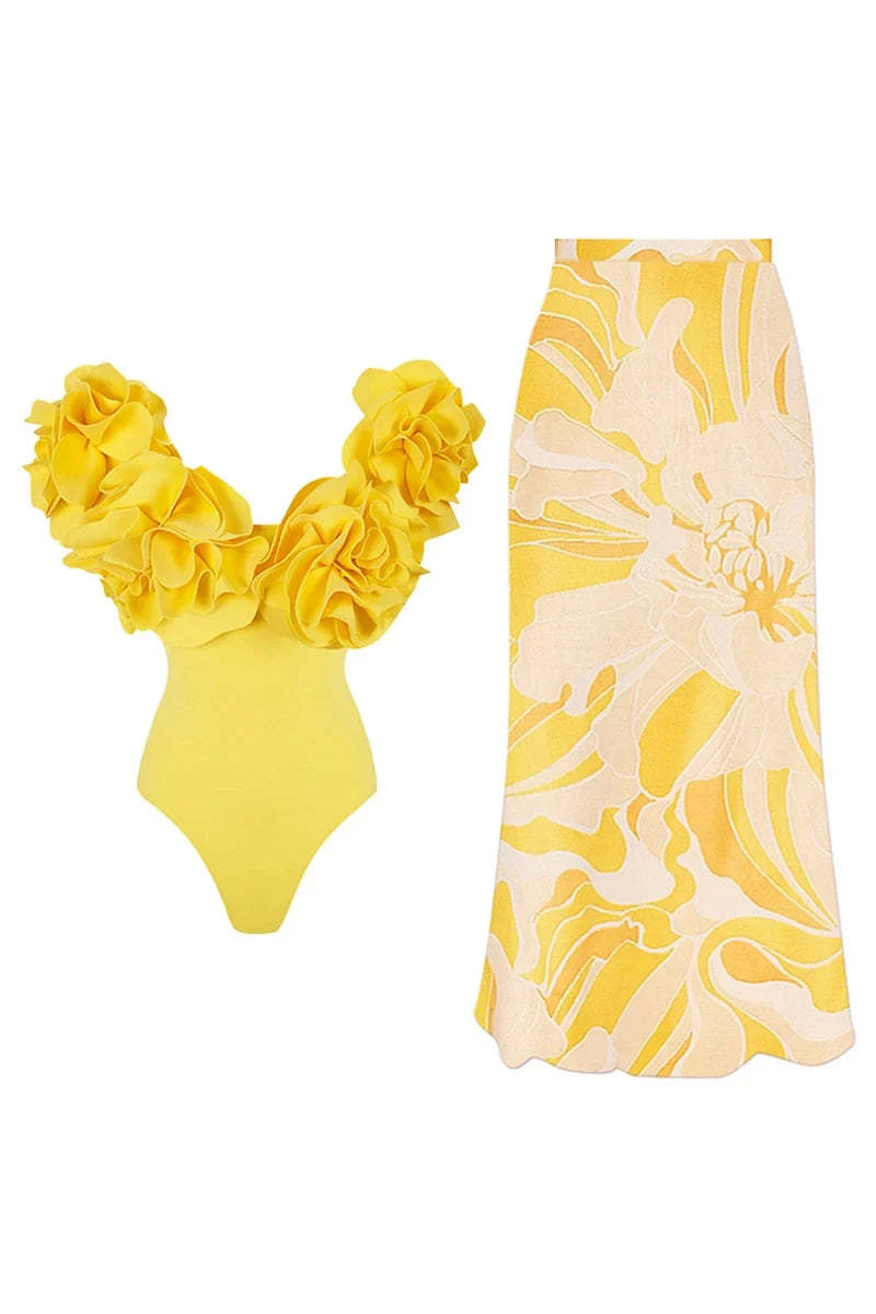 3D Floral Strapless Solid One-Piece Swimsuit-ROVOLE