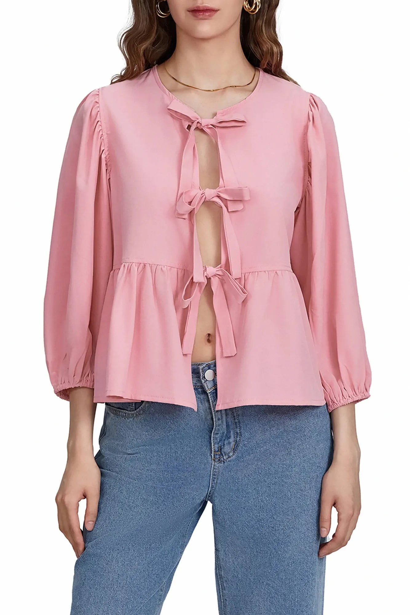 Puff Sleeve Peplum Bow Ties Blouse Top-ROVOLE