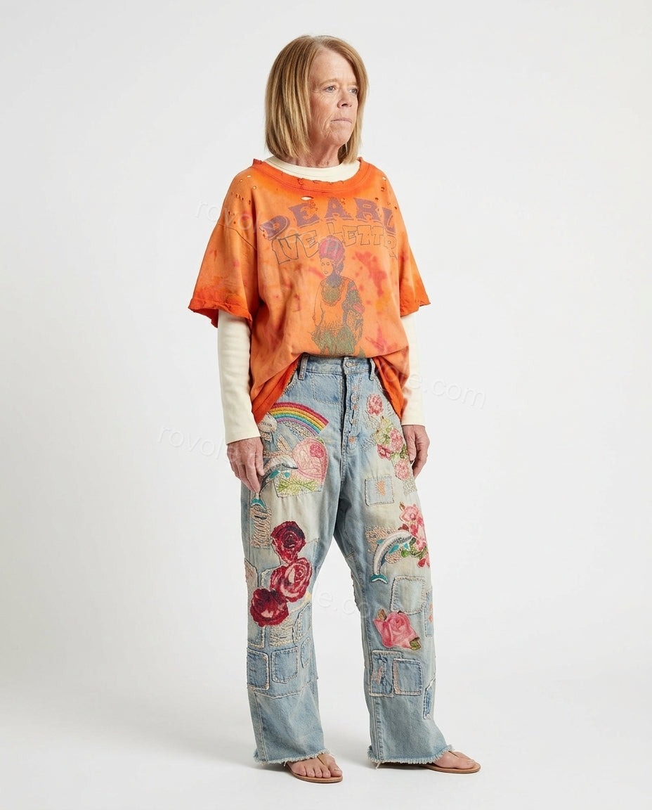 Light Wash Denim Aura Wedding Guest Embroidered Pant Set Light Wash Denim Pant Set with Relaxed Fit silhouette and Textured texture, side or back garment view for Wedding Guest, Evening in Amalfi, Summer current summer selling: vacation, resort dinner, we by rovole