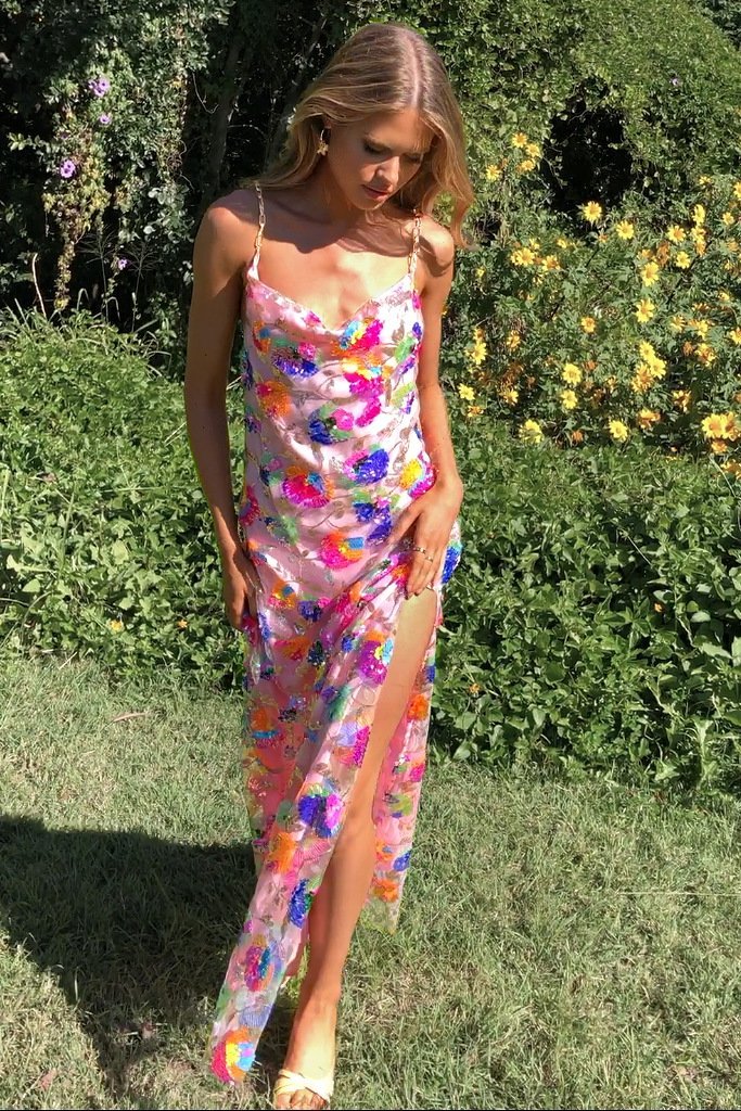 Fanny Embroidered Sequins Backless Maxi Dress-ROVOLE