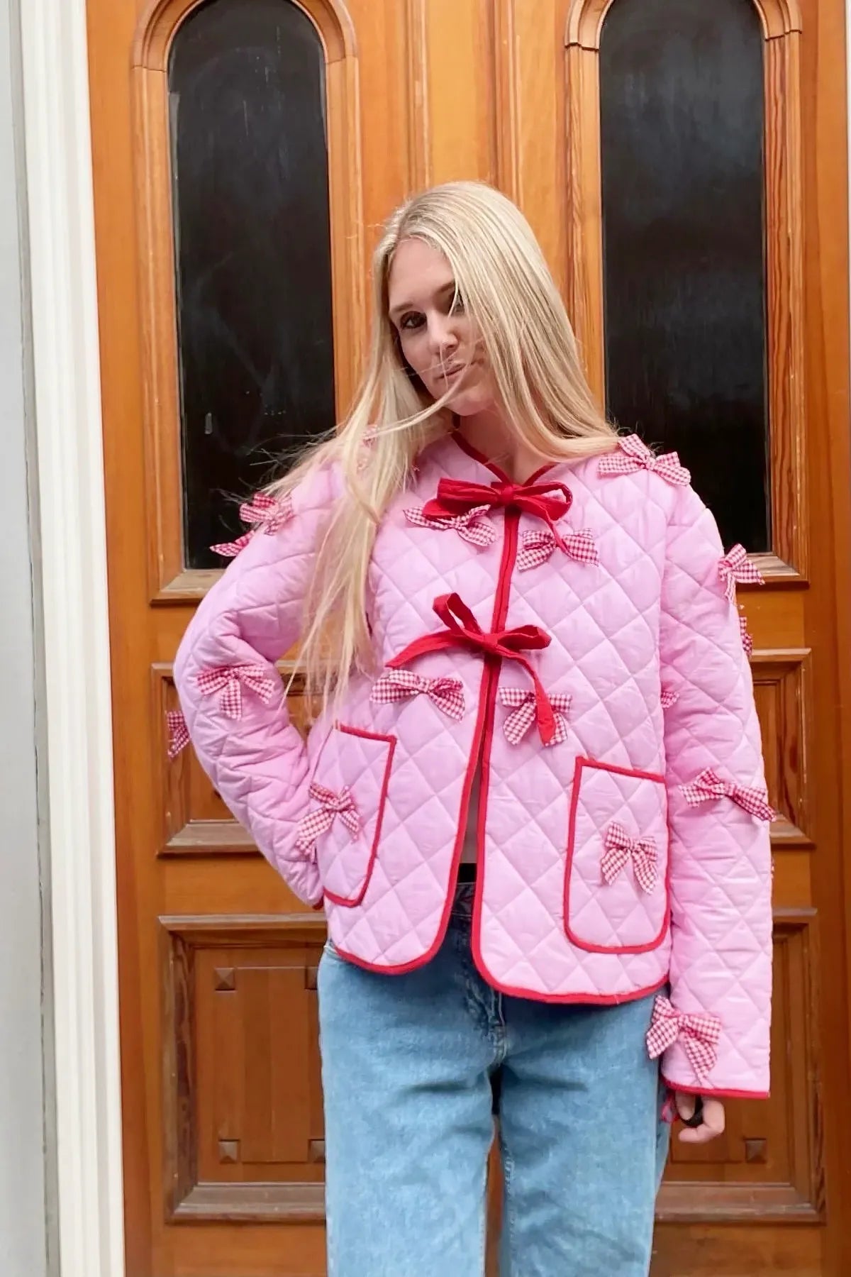 Casual Daily Solid Color Pocket Bow Decor O Neck Outerwear-ROVOLE