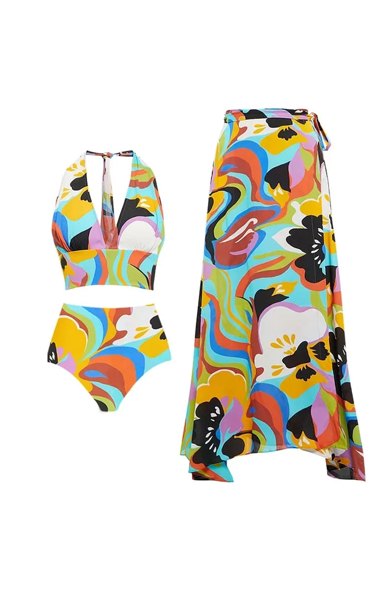 Deep V Halter Neck Print Sexy Swimsuit Set-ROVOLE