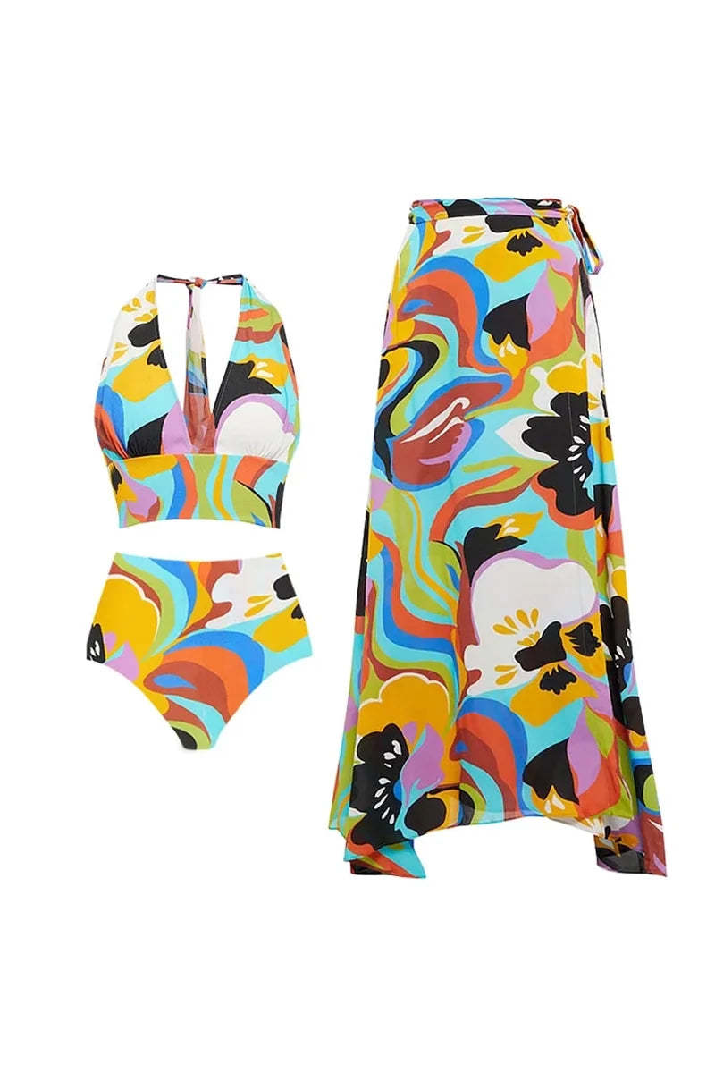 Deep V Halter Neck Print Sexy Swimsuit Set-ROVOLE