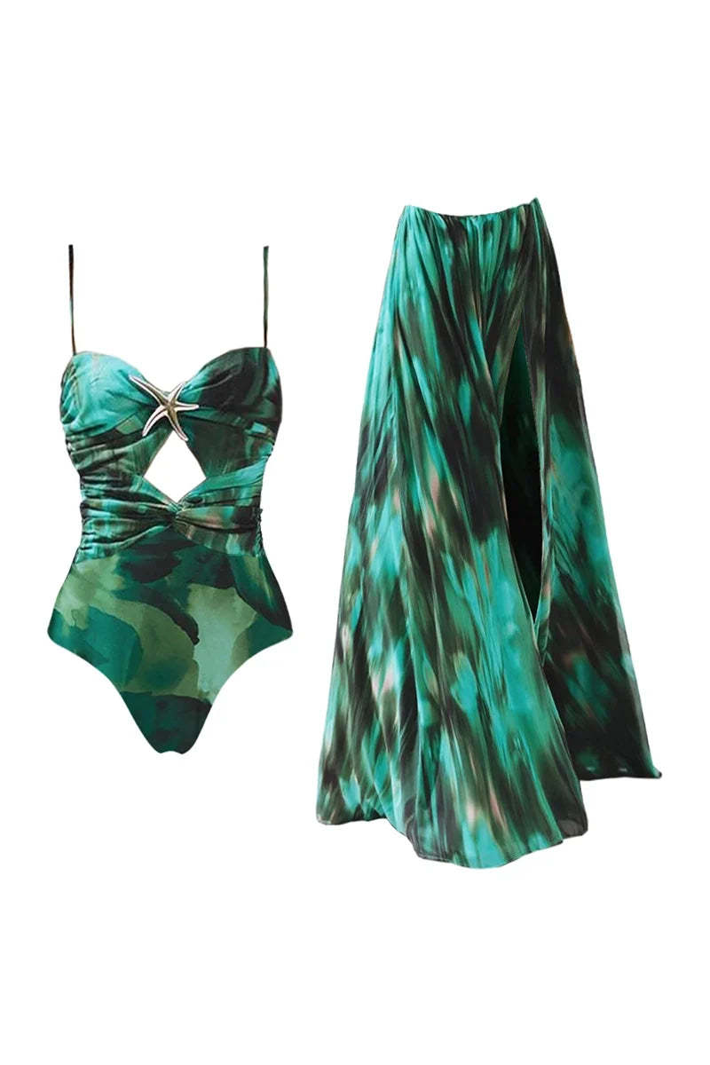 Ink Green Cutout Swimsuit Set-ROVOLE