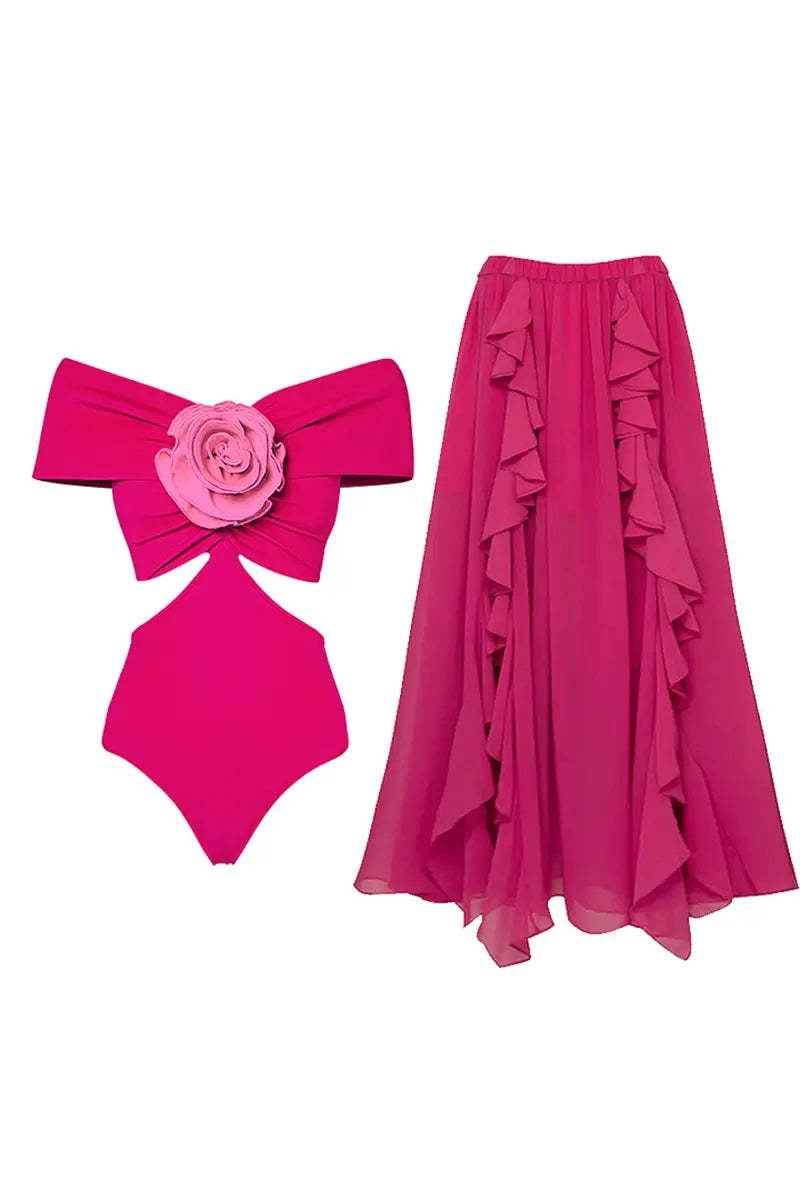 Floral Appliqué Cutout One Piece Swimsuit Set-ROVOLE