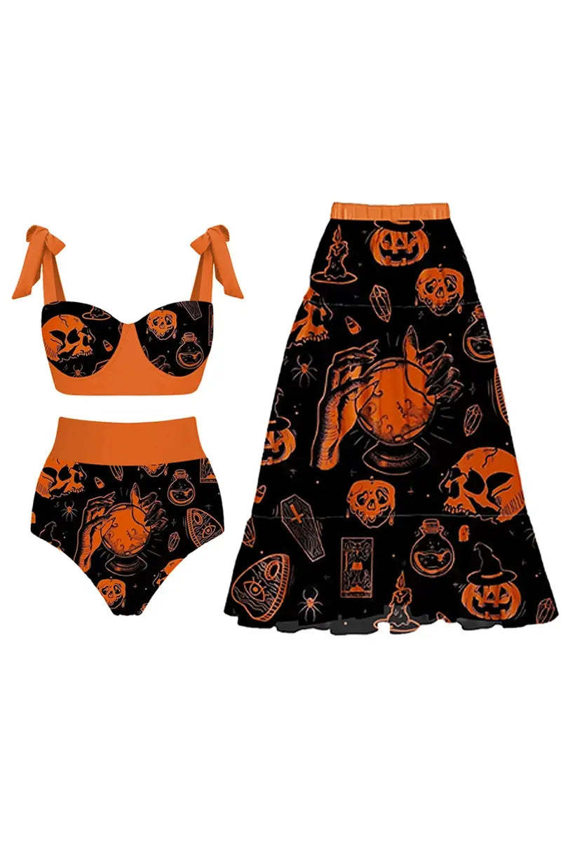 Halloween Pumpkin Skull Print Bikini Set-ROVOLE