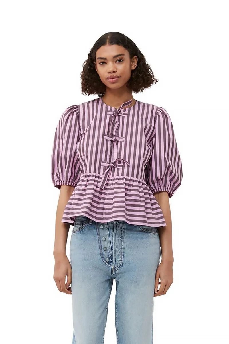 Stripes Puff Sleeve Peplum Bow Ties Blouse Short Top-ROVOLE