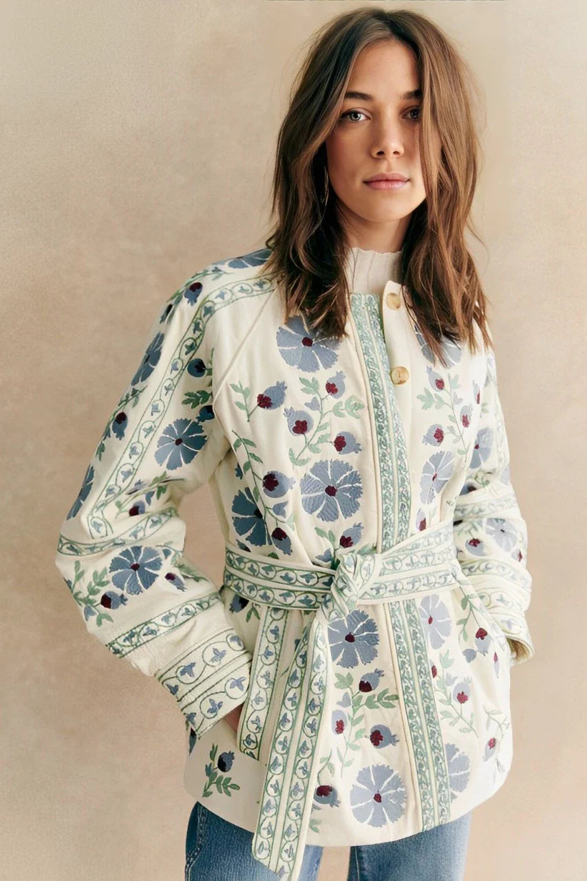 Casual Street Flowers Lace Up Buttons Patchwork O Neck Outerwear-ROVOLE