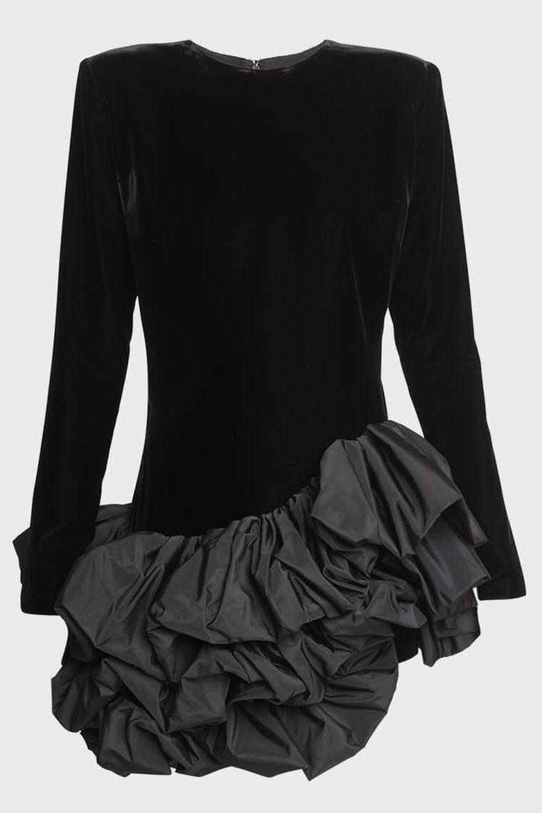 Hermosa Ruffle Asymmetric Hem Mini Velvet Dress-ROVOLE