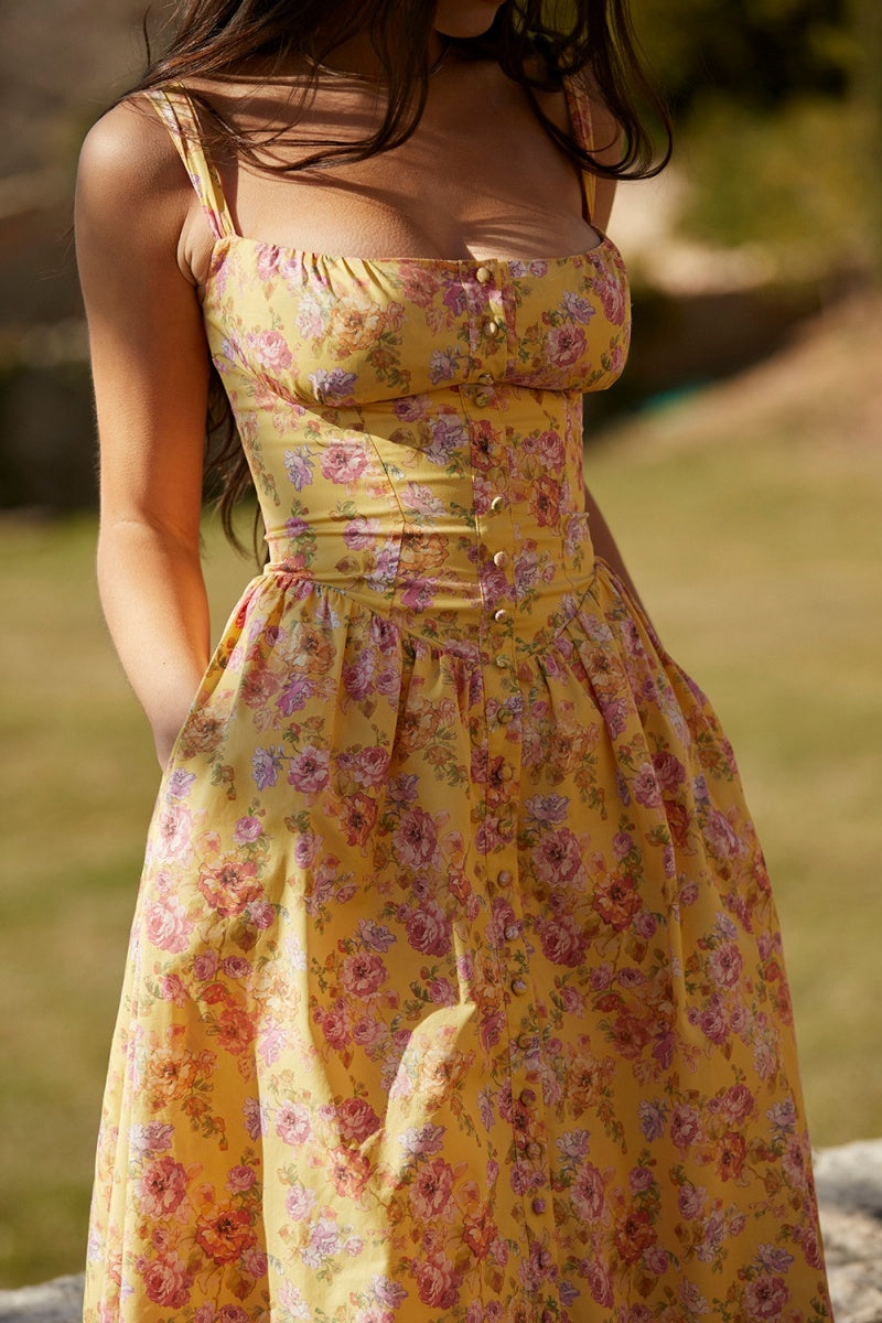 Tatiana Yellow Floral Print Midi Dress-ROVOLE