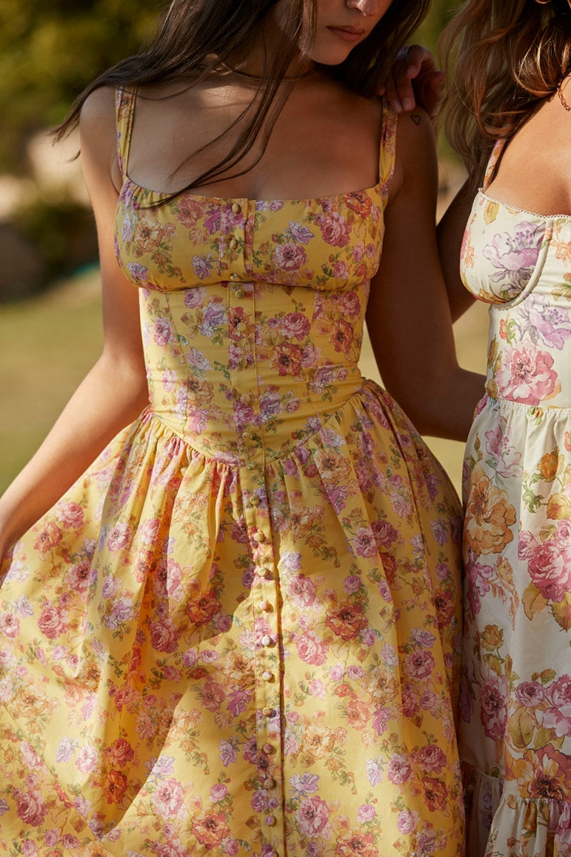 Tatiana Yellow Floral Print Midi Dress-ROVOLE