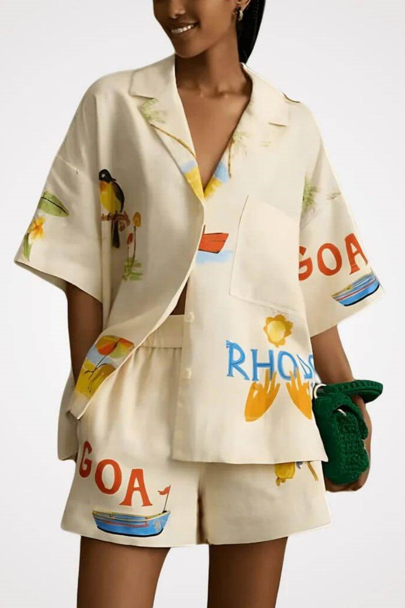 Unique Holiday Folk Floral Print Loose Shorts Two-Piece Set-ROVOLE