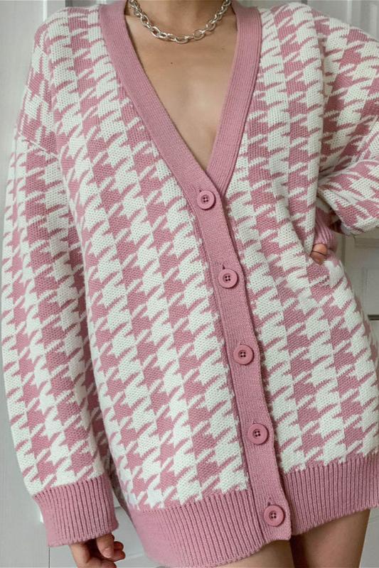 Houndstooth Oversized Cardigan-ROVOLE