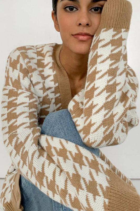 Houndstooth Oversized Cardigan-ROVOLE