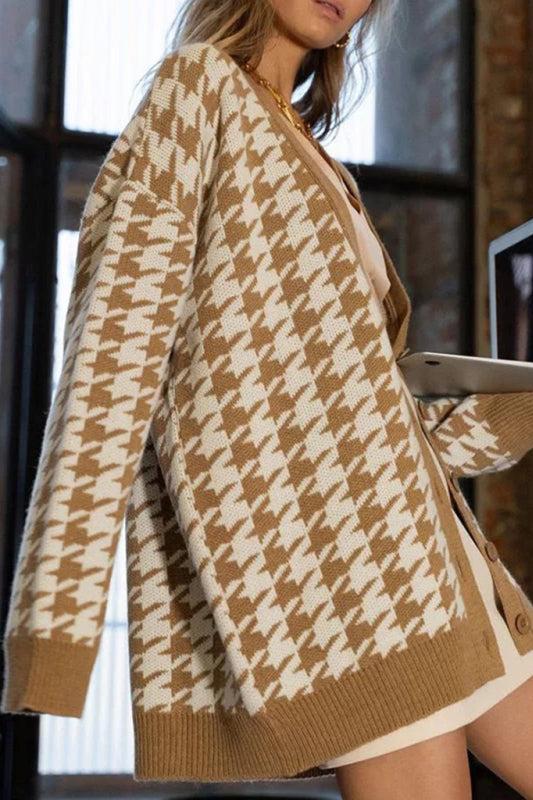 Houndstooth Oversized Cardigan-ROVOLE