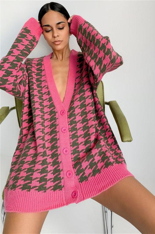 Houndstooth Oversized Cardigan-ROVOLE