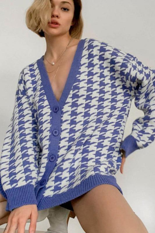 Houndstooth Oversized Cardigan-ROVOLE