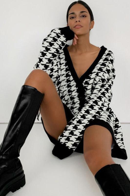 Houndstooth Oversized Cardigan-ROVOLE