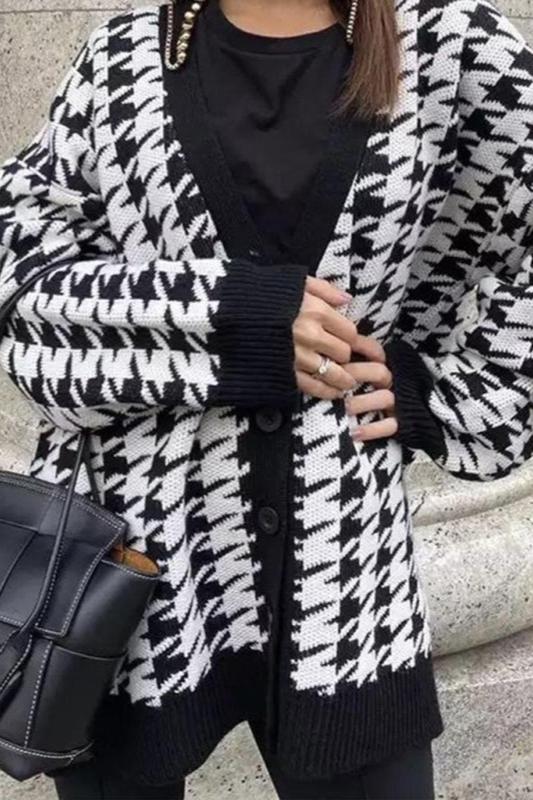 Houndstooth Oversized Cardigan-ROVOLE