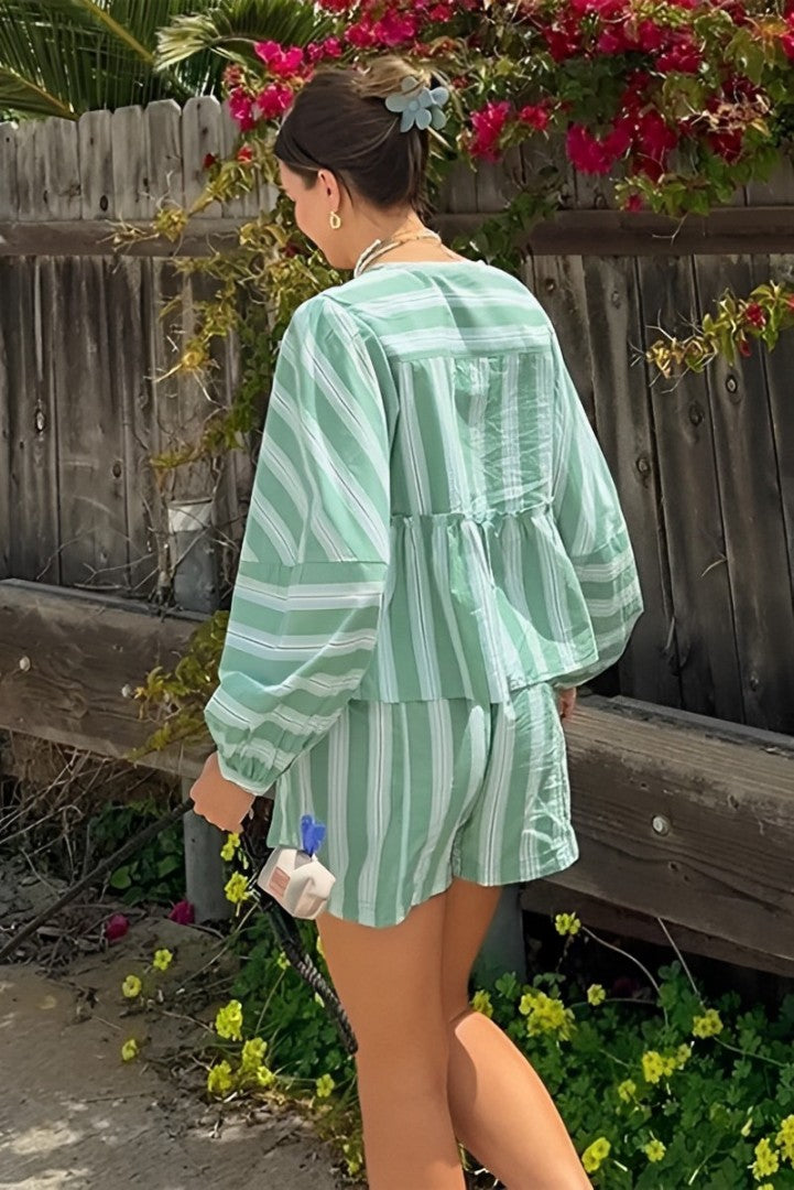 Lantern Sleeve Stripe Shirt Shorts Sets-ROVOLE