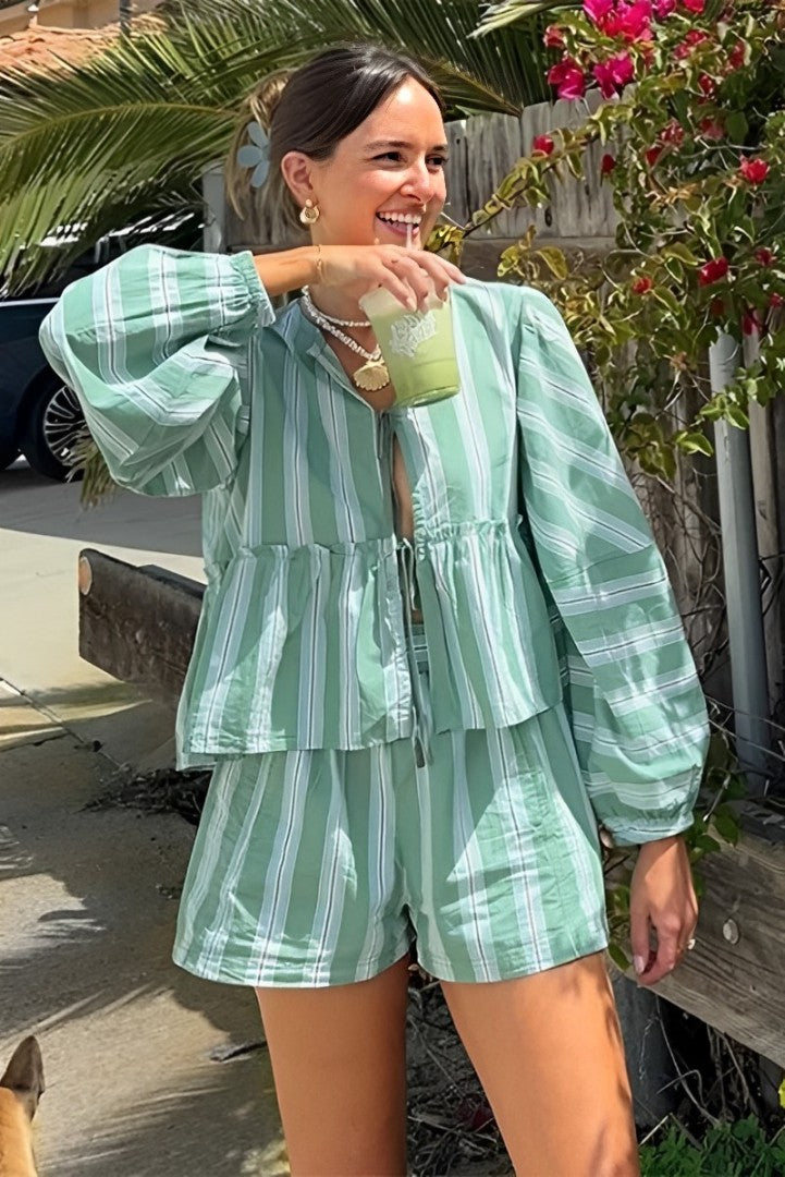 Lantern Sleeve Stripe Shirt Shorts Sets-ROVOLE