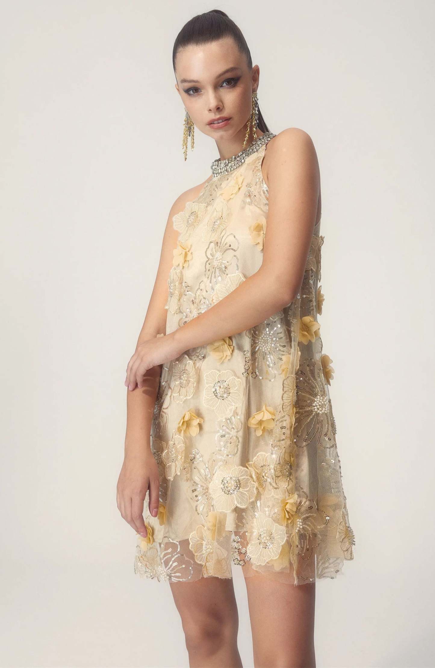 Ella Halter Floral Embroidered Sequins Mini Dress-ROVOLE