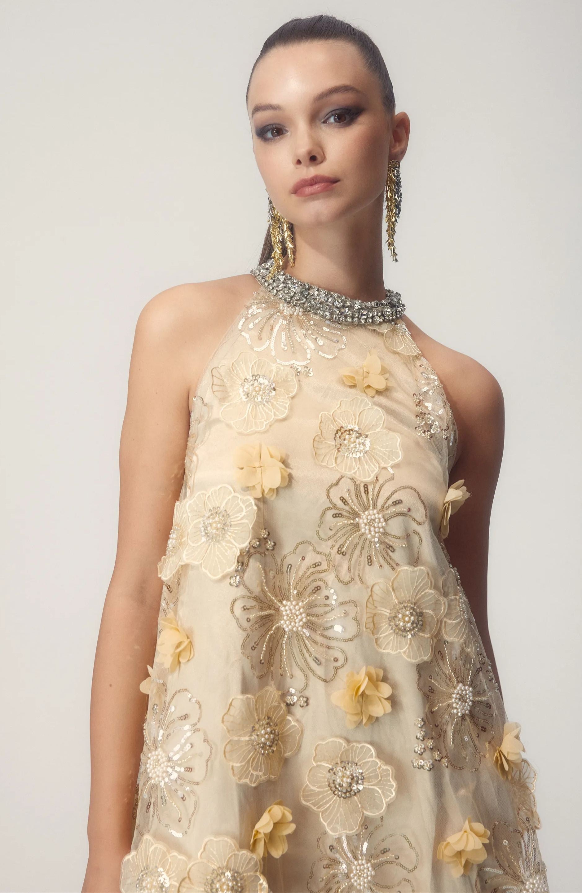 Ella Halter Floral Embroidered Sequins Mini Dress-ROVOLE