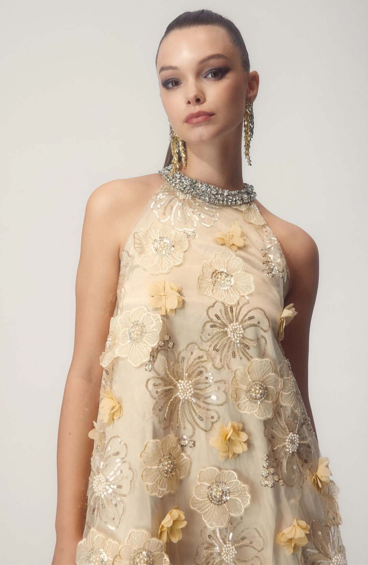 Ella Halter Floral Embroidered Sequins Mini Dress-ROVOLE