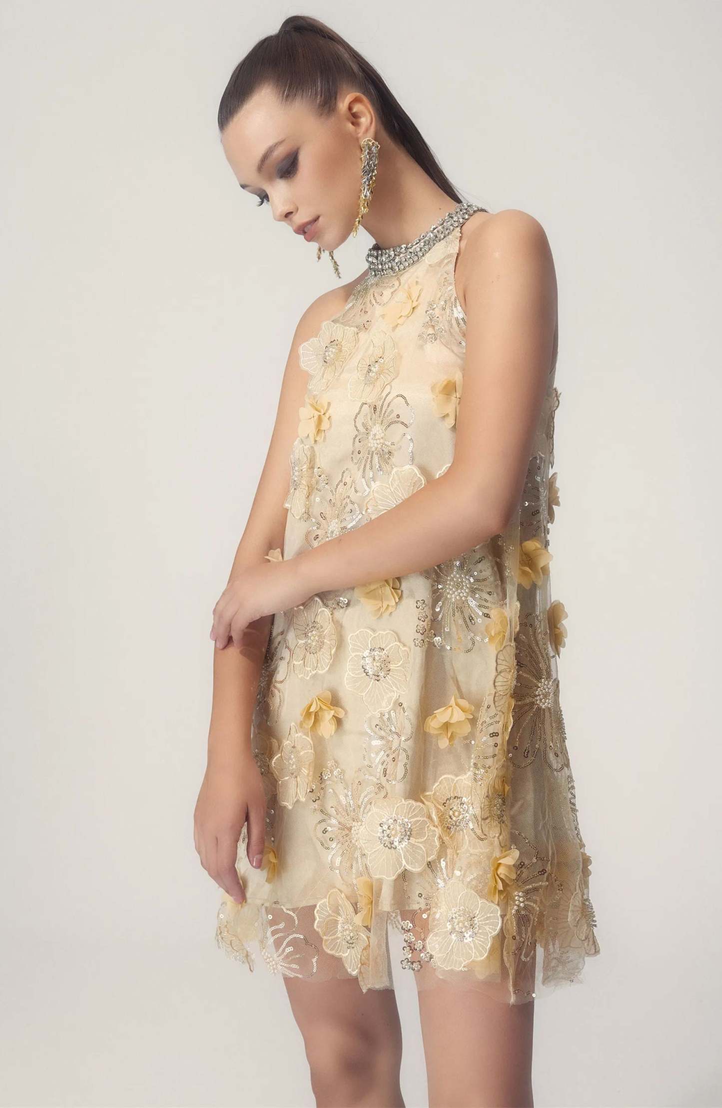 Ella Halter Floral Embroidered Sequins Mini Dress-ROVOLE