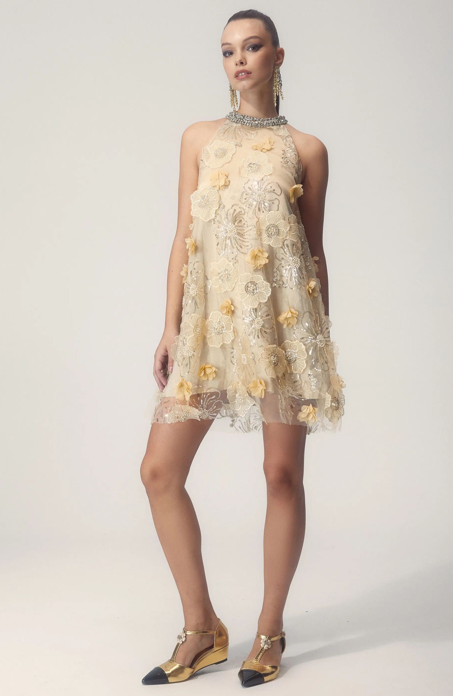 Ella Halter Floral Embroidered Sequins Mini Dress-ROVOLE