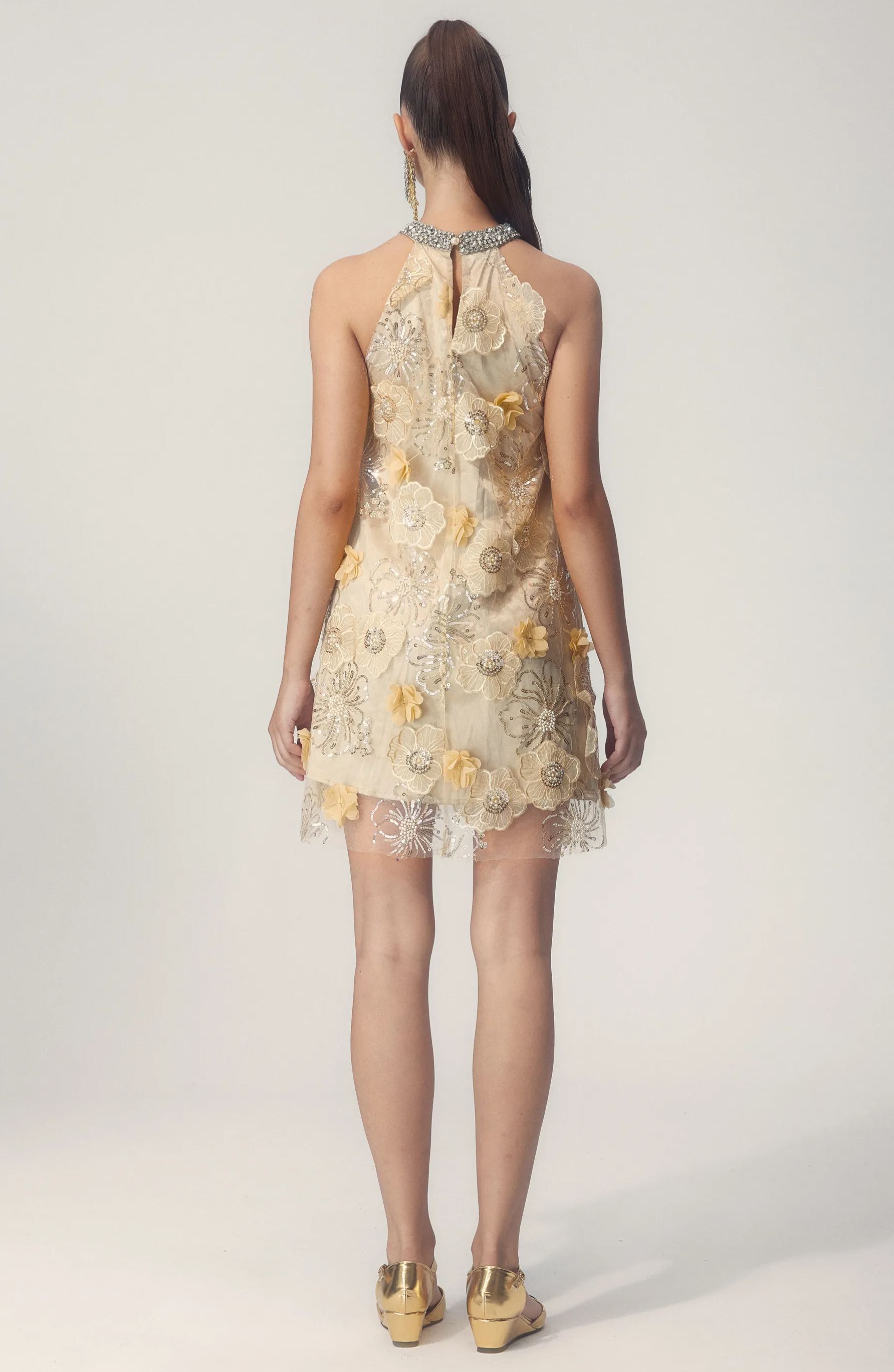 Ella Halter Floral Embroidered Sequins Mini Dress-ROVOLE