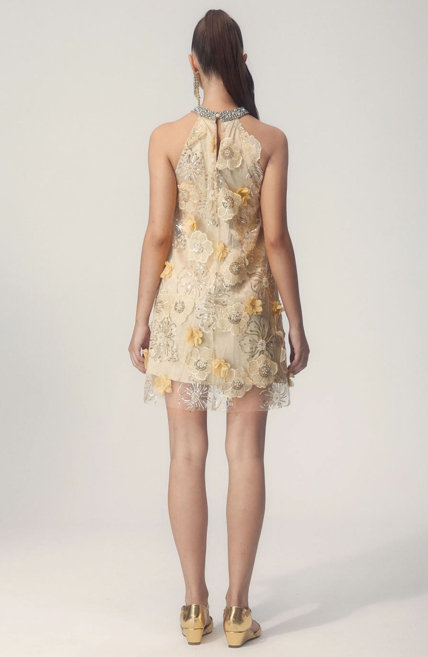 Ella Halter Floral Embroidered Sequins Mini Dress-ROVOLE