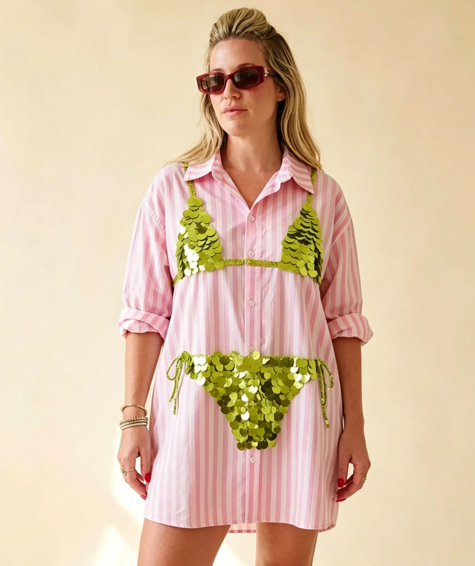 Blue Striped Oversized Shirt Dress with Green Sequin Bikini Appliqué