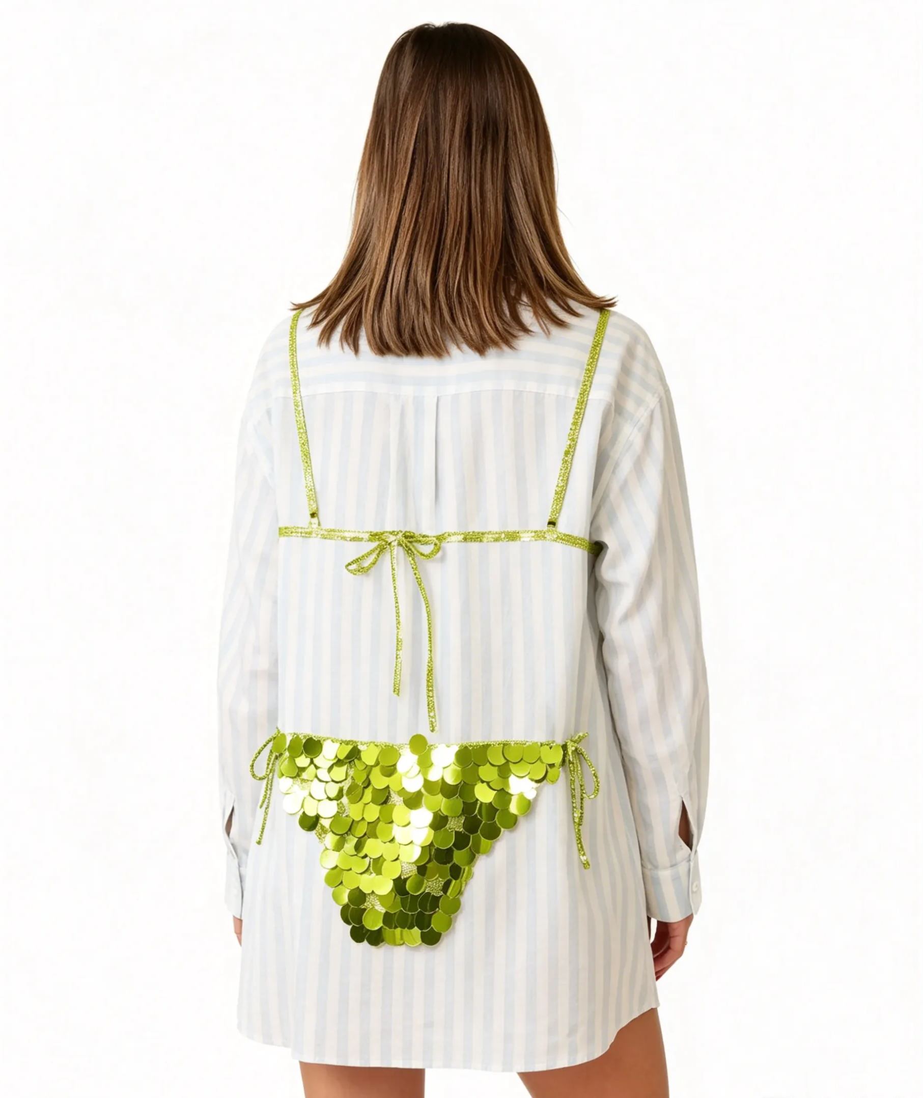 Blue Striped Oversized Shirt Dress with Green Sequin Bikini Appliqué