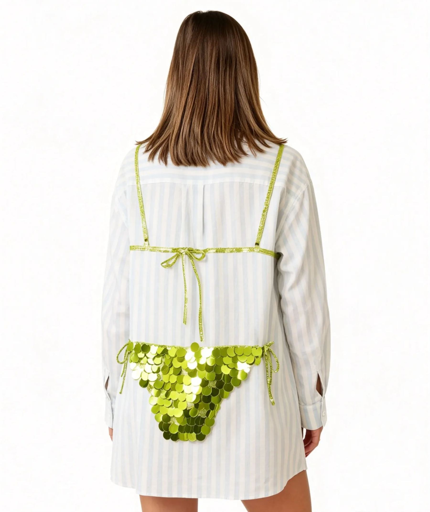 Blue Striped Oversized Shirt Dress with Green Sequin Bikini Appliqué