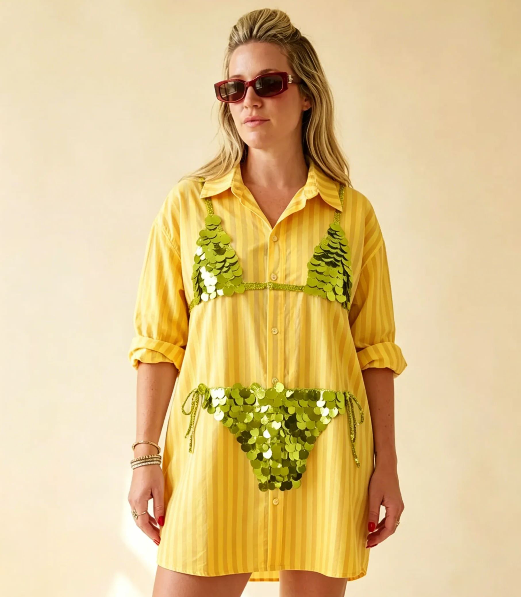 Blue Striped Oversized Shirt Dress with Green Sequin Bikini Appliqué