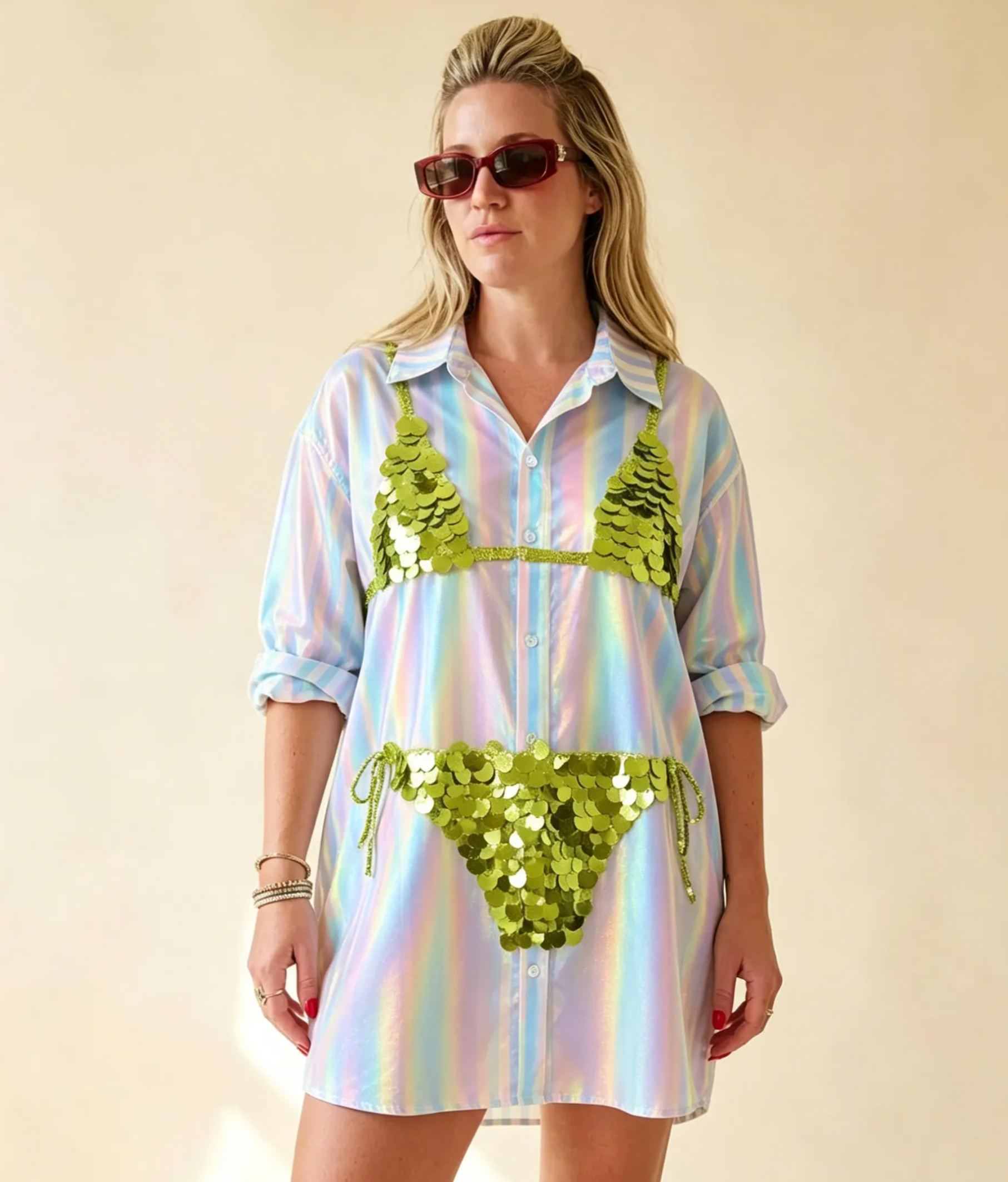 Blue Striped Oversized Shirt Dress with Green Sequin Bikini Appliqué