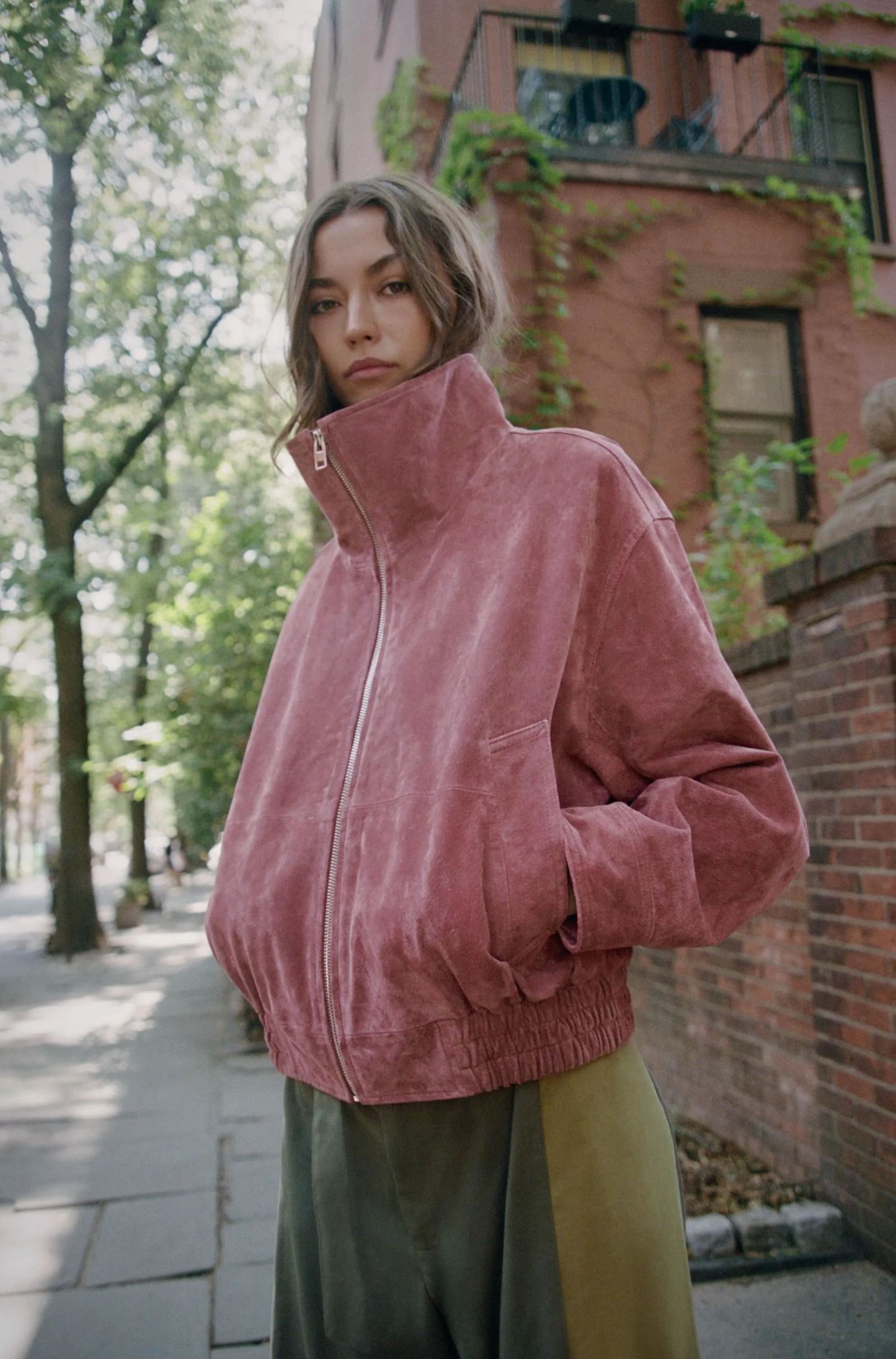 Faux Suede High-Neck Zip Jacket