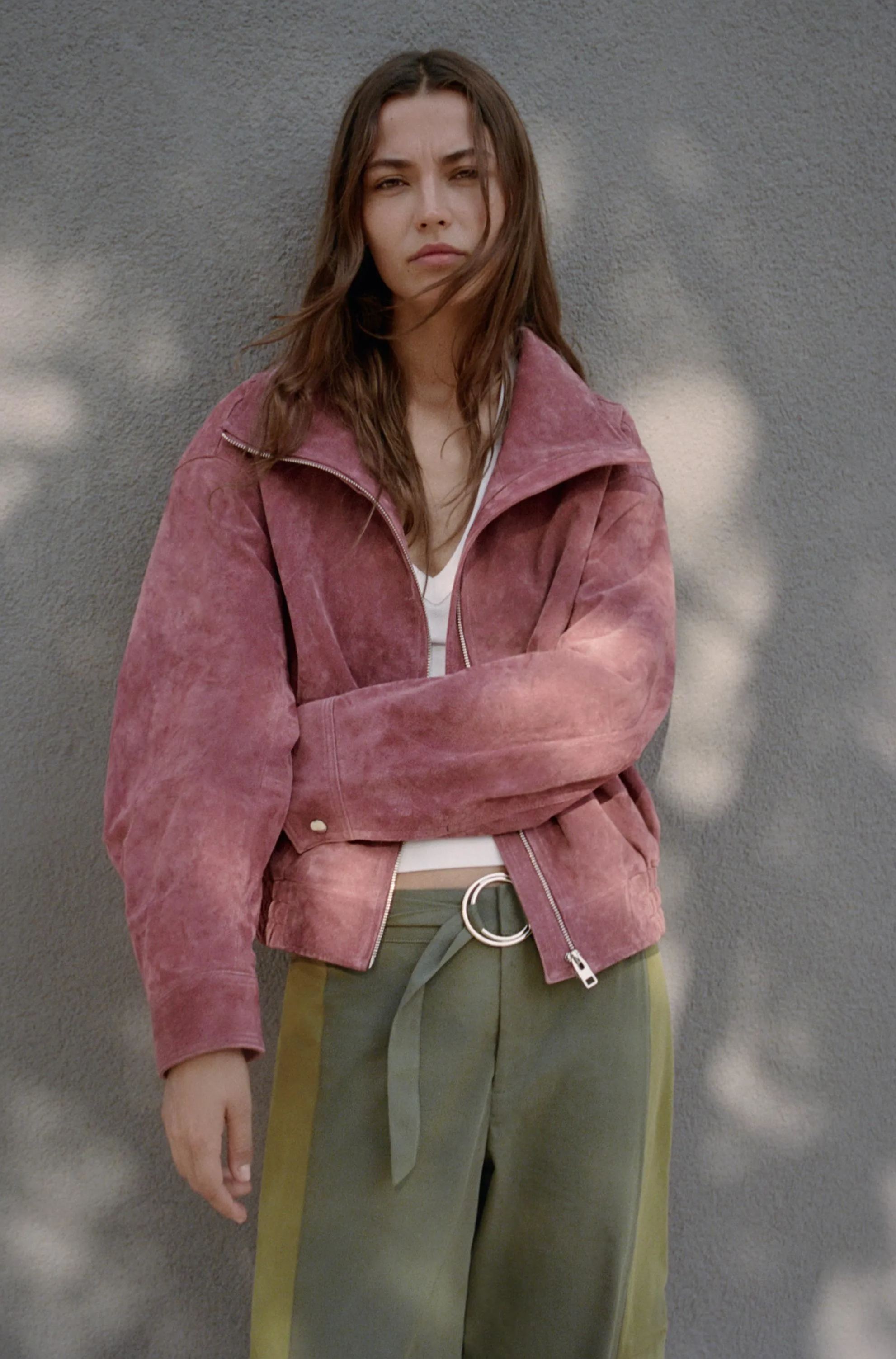 Faux Suede High-Neck Zip Jacket