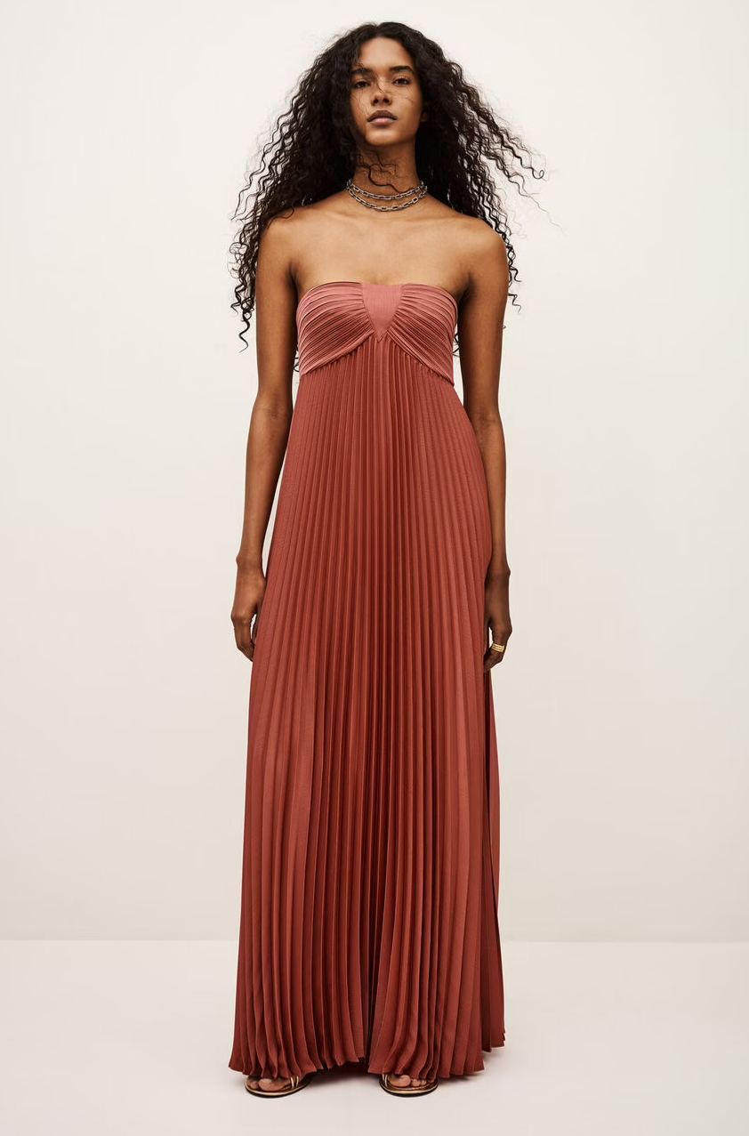 Strapless Draped Pleated Maxi Dress
