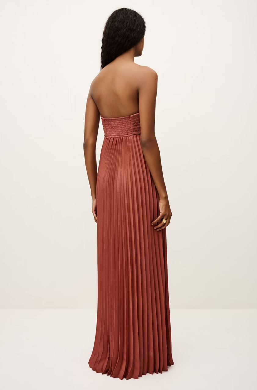 Strapless Draped Pleated Maxi Dress